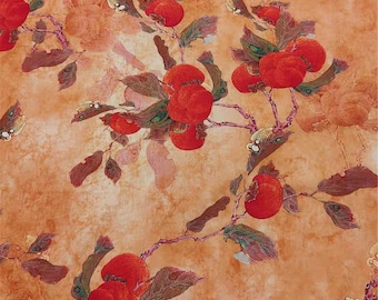 Traditional Chinese Persimmon Fabric, Vintage Orange & Red Cotton, Auspicious Fruit Print for Decor F2756