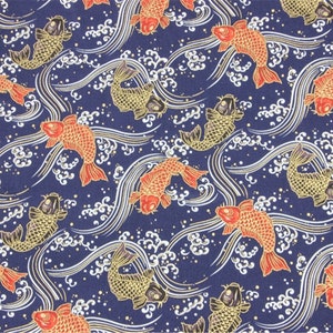 Japanese Fish Fabric/Koi Fabric/Kimono Fabric/Cotton Gold Metallic Fabric By Half Yard