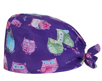 Owl Print Surgical Scrub Hat: Handmade Cotton Women's Cap