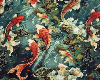 Lucky Koi Fish Fabric, Prosperity & Fortune Chinese Print with Gold Clouds, Deep Blue Cotton for Decor F2746