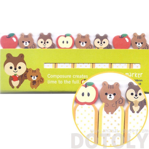 Chipmunk Squirrels and Apples Shaped Sticky Memo Post-it Index Bookmark Tabs | Cute Animal Themed Affordable Stationery
