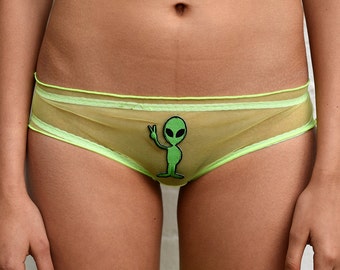 Ami Aliens Lime Knickers - See Through - Sheer - Transparent - Green - Lingerie - Panties - Embroidery - Embroidered - Kawaii- Gift for Her