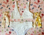 Sandy Shells White Ribbed Bikini Top Briefs Set and Two Bow Scrunchies - Tropical Swimwear Gift Box Set