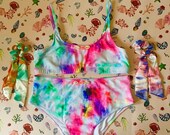 Bree Rainbow Shells Bikini Top High Waisted Briefs Set and Two Bow Scrunchies - Tropical Swimwear Gift Box Set