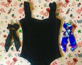 Ray Shells Black Ribbed Swimming Costume and Two Bow Scrunchies - Tropical Swimwear Gift Box Set