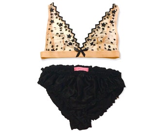 Lingerie Cadeau - Astrid Stars System Sheer Nude & Black Silk Bralette en Knickers Set