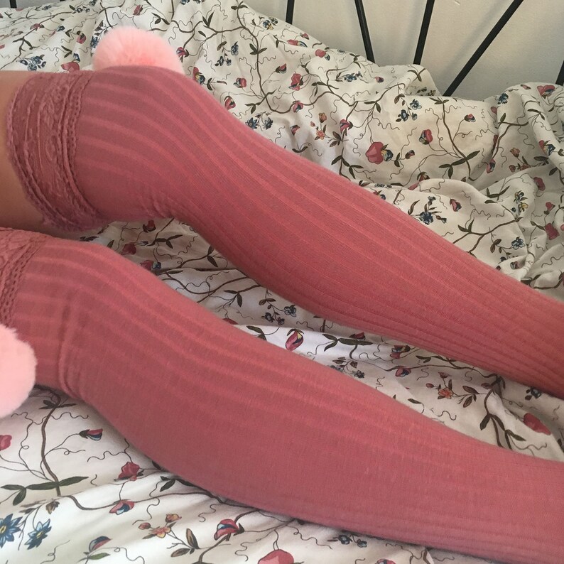SALE Cherry Pink Pom Poms & Pink Knit Lounge Knee High Socks Etsy
