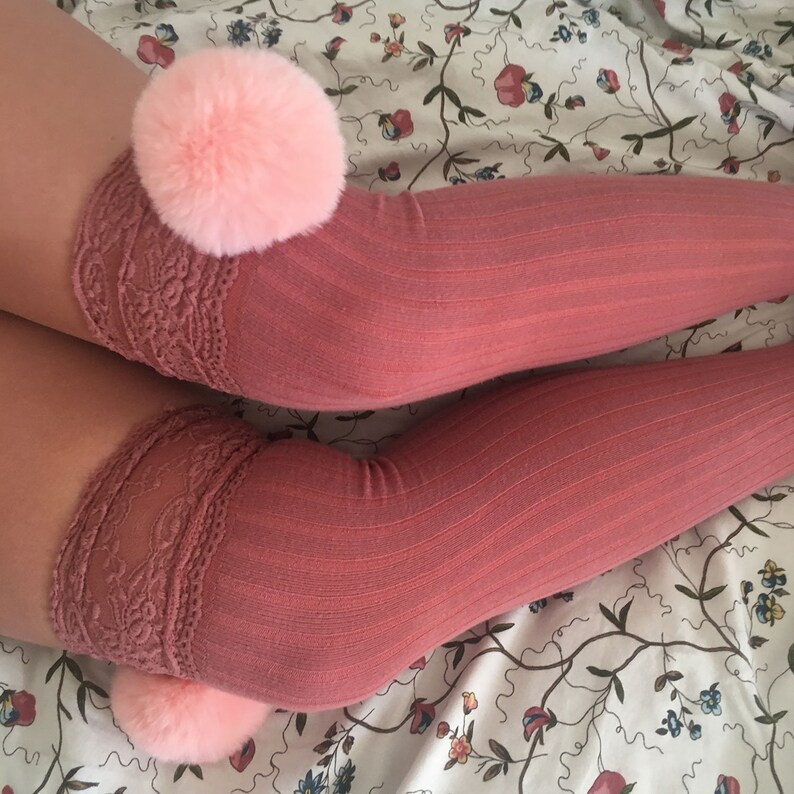 SALE Cherry Pink Pom Poms & Pink Knit Lounge Knee High Socks Etsy