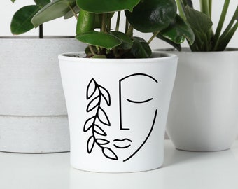 Womens Face Flower Pot Vinyl Decal, Minimalist  Line Art, Boho Stickers, Planter Decal, Unique Gifts for Plant Lover, DIY Gifts