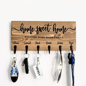 Personalized Home Sweet Home Sign With Key Hooks, Family Name Key Holder