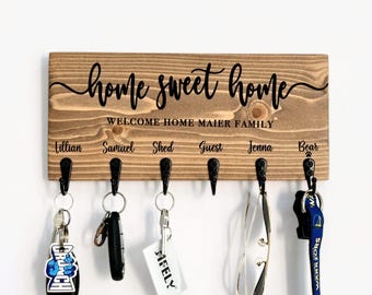Personalized Home Sweet Home Sign With Key Hooks, Family Name Key Holder