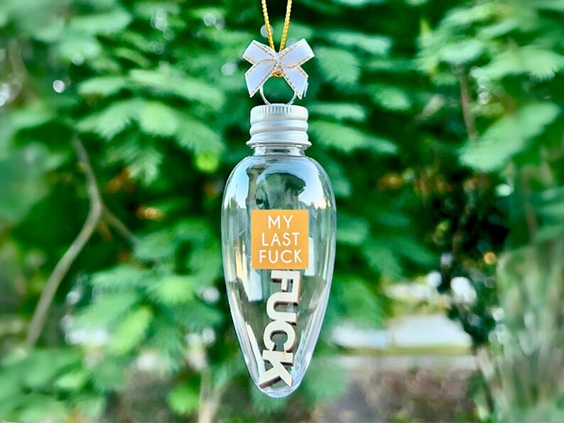 May include: Clear, teardrop-shaped Christmas ornament with a silver cap and a white bow. The ornament has the text "MY LAST FUCK" in a square orange label and wooden letters. The background is blurred green foliage.