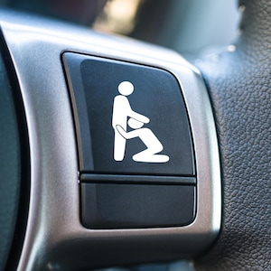 May include: A black button on a car steering wheel with a white graphic of two figures in a sexual position. The button is set in a silver-colored frame, with a black leather steering wheel in the background.