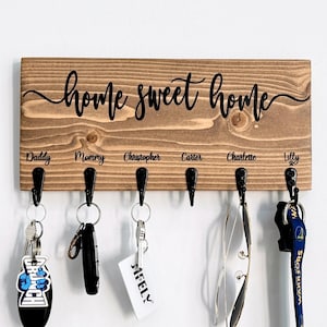 Home Sweet Home Key Holder for Wall, Custom Key Rack, Personalized Gifts for Couples, Family Name Sign, Rustic Welcome Sign, Key Hooks