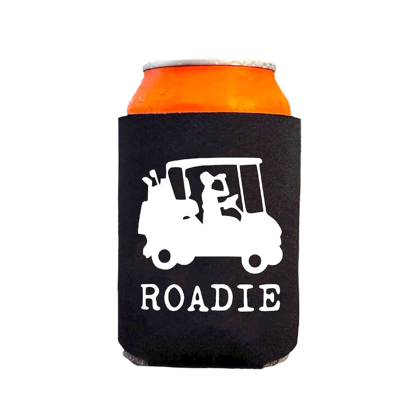 May include: Black and orange can cooler with a white golf cart graphic and the text "ROADIE".