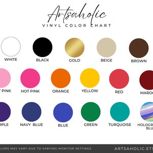 Peut inclure: Nuancier de vinyle Artsaholic pr&eacute;sentant 16 &eacute;chantillons de couleurs circulaires, incluant blanc, noir, or, beige, marron, rose tendre, rose vif, orange, jaune, rouge, bordeaux, violet, bleu marine, bleu, vert, turquoise et bleu holographique.