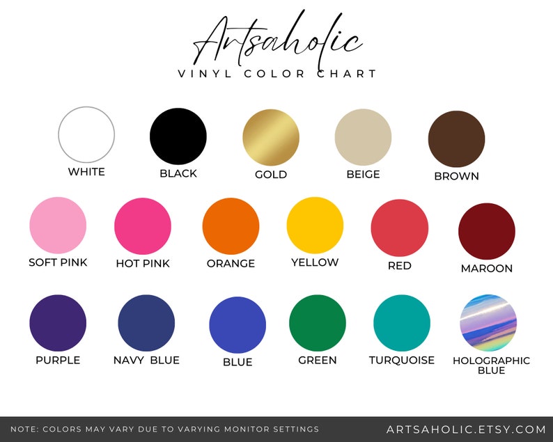 Peut inclure: Nuancier de vinyle Artsaholic pr&eacute;sentant 16 &eacute;chantillons de couleurs circulaires, incluant blanc, noir, or, beige, marron, rose tendre, rose vif, orange, jaune, rouge, bordeaux, violet, bleu marine, bleu, vert, turquoise et bleu holographique.