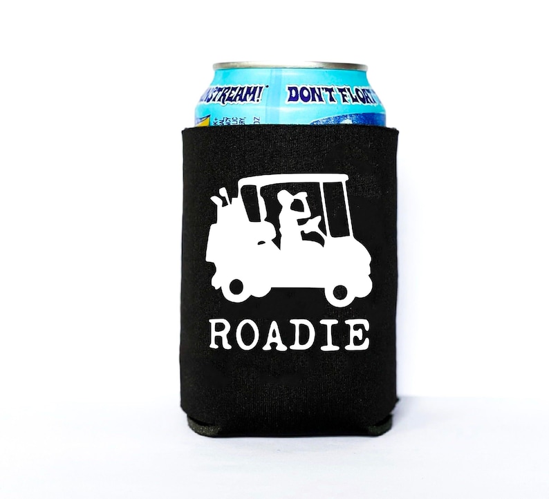 May include: Black neoprene can cooler with a white silhouette of a golf buggy and the word "ROADIE" printed on it.