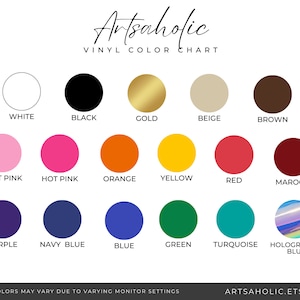 K&ouml;nnte beinhalten: Vinyl-Farbkarte mit 15 Farbmustern, darunter Wei&szlig;, Schwarz, Gold, Beige, Braun, Rosa, Pink, Orange, Gelb, Rot, Weinrot, Lila, Marineblau, Blau, Gr&uuml;n, T&uuml;rkis und Hologramm-Blau. Die Karte tr&auml;gt den Titel "Artsaholic Vinyl Color Chart".