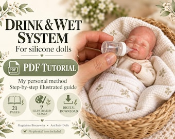 May include: A digital PDF tutorial titled Drink & Wet System for silicone dolls, featuring a 21-page step-by-step illustrated guide with 9 stages. The cover shows a small silicone doll in a basket being fed with a clear plastic bottle.