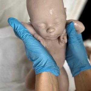 Puede incluir: Un mu&ntilde;eco de beb&eacute; de silicona realista con los ojos cerrados y la cara pintada. El mu&ntilde;eco est&aacute; siendo sostenido por manos enguantadas.