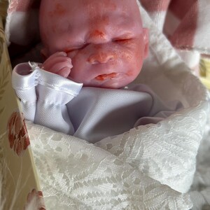 K&ouml;nnte beinhalten: Eine Miniatur-Silikonpuppe mit blassrosa Teint und r&ouml;tlicher Hautfleckung, geschlossenen Augen und einer kleinen Hand in Gesichtsn&auml;he. Die Puppe ist in ein wei&szlig;es Stoffgewand mit zartem Spitzenbesatz und einem wei&szlig;en Satin-Kragen eingewickelt.