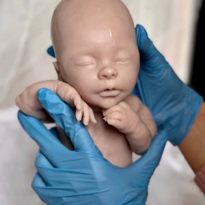 Puede incluir: Un mu&ntilde;eco beb&eacute; realista con los ojos cerrados y una tez rosa claro. El mu&ntilde;eco est&aacute; siendo sostenido por manos enguantadas.