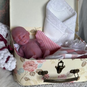 K&ouml;nnte beinhalten: Eine kleine, rosafarbene Silikonpuppe in einem cremefarbenen Miniaturkoffer mit Blumenmuster. Der Koffer enth&auml;lt ein wei&szlig;es, mit Spitze verziertes Tuch und einen rosa-wei&szlig; gestreiften Stoff sowie einen Metallverschluss.