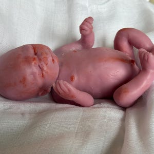 K&ouml;nnte beinhalten: Eine Miniatur-Silikonpuppe, die einem Neugeborenen nachempfunden ist, mit rosafarbenen Hautt&ouml;nen und subtilen r&ouml;tlichen Flecken im Gesicht, auf der Brust und an den Gliedma&szlig;en. Die Figur ist in einer liegenden Position mit angewinkelten Armen und Beinen.
