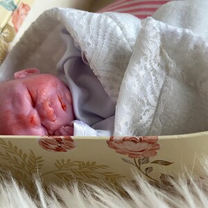 K&ouml;nnte beinhalten: Eine kleine, rosafarbene Puppe mit geschlossenen Augen und texturiertem Gesicht, eingewickelt in eine wei&szlig;e Stoffdecke mit Spitzenbesatz. Die Puppe liegt in einer rechteckigen Schachtel mit cremefarbenem Hintergrund und einem Muster aus rosa Rosen und gr&uuml;nen Bl&auml;ttern.