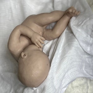 K&ouml;nnte beinhalten: Eine realistische, nackte Babypuppe liegt auf einem wei&szlig;en, strukturierten Stoff. Die Puppe befindet sich in einer F&ouml;tusstellung, mit zur Seite geneigtem Kopf und leicht angewinkelten Armen und Beinen. Der Hautton ist hellbeige.