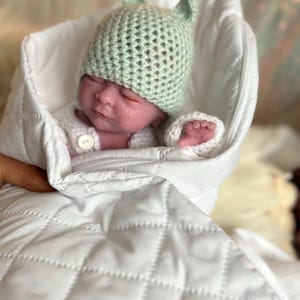 May include: A realistic baby doll wearing a mint green crocheted hat with bunny ears and a matching sweater. The doll is wrapped in a white quilted blanket. The baby's eyes are closed, and it appears to be sleeping.