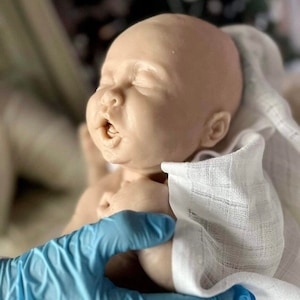 May include: A realistic baby doll with closed eyes and an open mouth, made of soft silicone. The doll is wrapped in a white cloth and being held by a gloved hand.