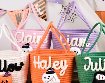 Cesta de Halloween para truco o trato, bolsa de dulces personalizada, regalos de Halloween, bolsa de Halloween de cuerda suave, bolsa de decoración de Halloween, cubo de calabaza con nombre para niños