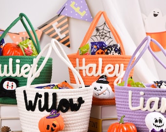 Custom Trick or Treat Basket, Halloween Candy Bag, Halloween Gifts, Soft Rope Halloween Tote, Halloween Decor Bag, Kids Name Pumpkin Bucket