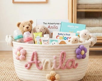 Gepersonaliseerde mand babynaam, mand geweven katoenen touw, opbergmand voor babykamer, aangepaste babyshower, paasmandje pasgeboren