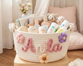 Cesta personalizada con el nombre del bebé, cesta de cuerda de algodón tejida, cesta de almacenamiento personalizada para la habitación del bebé, regalo para baby shower, cesta para recién nacido