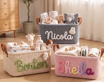 Personalized Baby Storage Basket with Name, Custom Nursery Organizer, Corduroy Toy Basket, Newborn Baby Shower Gift, Christening Gift