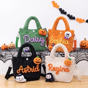 May include: Four corduroy tote bags in green, orange, black, and white, each featuring a name embroidered in cursive, a small plush pumpkin, and a unique Halloween-themed character patch. Each bag includes two top handles and a detachable shoulder strap.