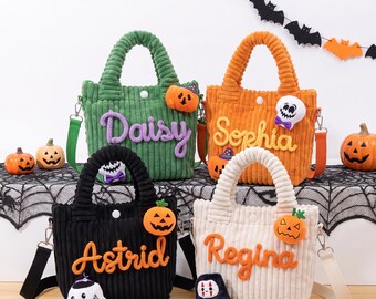 Gepersonaliseerde Halloween-schoudertas voor kinderen, corduroy tas met geborduurde naam, ideaal cadeau voor peuters tijdens Halloween.