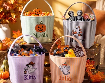 Personalized Halloween Trick or Treat Basket, Custom Name Kids Candy Bucket, Embroidered Seersucker Bag, Halloween Gift for Kids