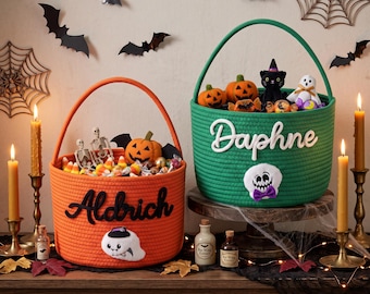 Personalized Halloween Basket, Custom Name Trick or Treat Bag for Kids, Halloween Candy Basket, Cotton Rope Gift for Boys Girls
