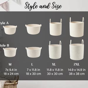 May include: A display of woven storage baskets in various sizes, labeled M (7 x 9.4 in), L (7 x 11.8 in), XL (11.8 x 11.8 in), and 2XL (14.9 x 14.9 in). The baskets are off-white and have handles.