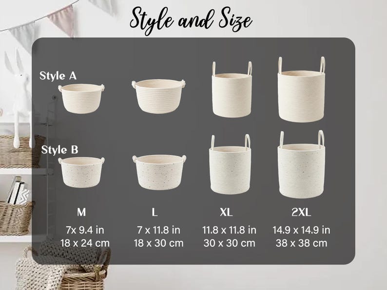 May include: A display of woven storage baskets in various sizes, labeled M (7 x 9.4 in), L (7 x 11.8 in), XL (11.8 x 11.8 in), and 2XL (14.9 x 14.9 in). The baskets are off-white and have handles.