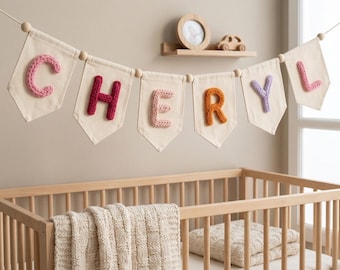 Striscione personalizzato con nome in filato, ghirlanda personalizzata in tela per la cameretta, decorazione murale con nome del bambino, festone fatto a mano per la cameretta dei bambini