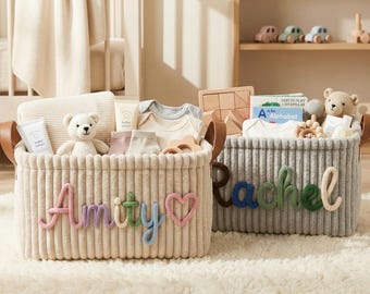 Gepersonaliseerde babymand met naam, op maat gemaakte opbergbak voor de babykamer, speelgoedorganizer, kraamcadeau, aandenken voor pasgeborene (jongen of meisje)