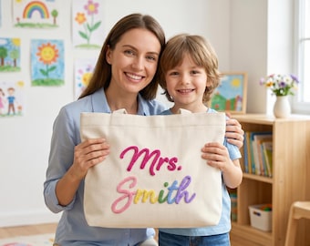 Personalized Corduroy Teacher Tote Bag, Custom Crochet Name Zipper Bag, Teacher Appreciation Gift, Back to School Tote