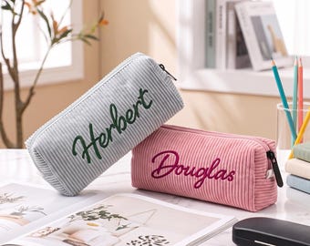 Gepersonaliseerd etui voor kinderen, etui met geborduurde naam, cadeau voor de start van het schooljaar, schoolspullen van corduroy op maat