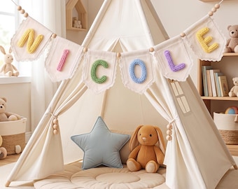 Personalized Nursery Name Banner, Custom Yarn Letter Garland, Handmade Fabric Bunting for Baby Room Decor
