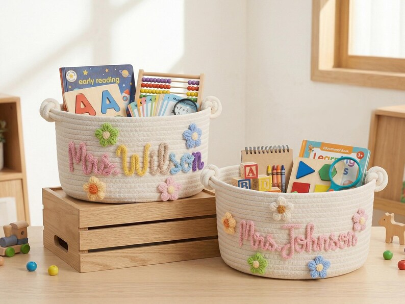 May include: Two off-white rope baskets with floral accents and personalized names. One basket says "Mrs. Wilson" and the other says "Mrs. Johnson". Both are filled with school supplies, books, and toys, perfect for classroom organization.